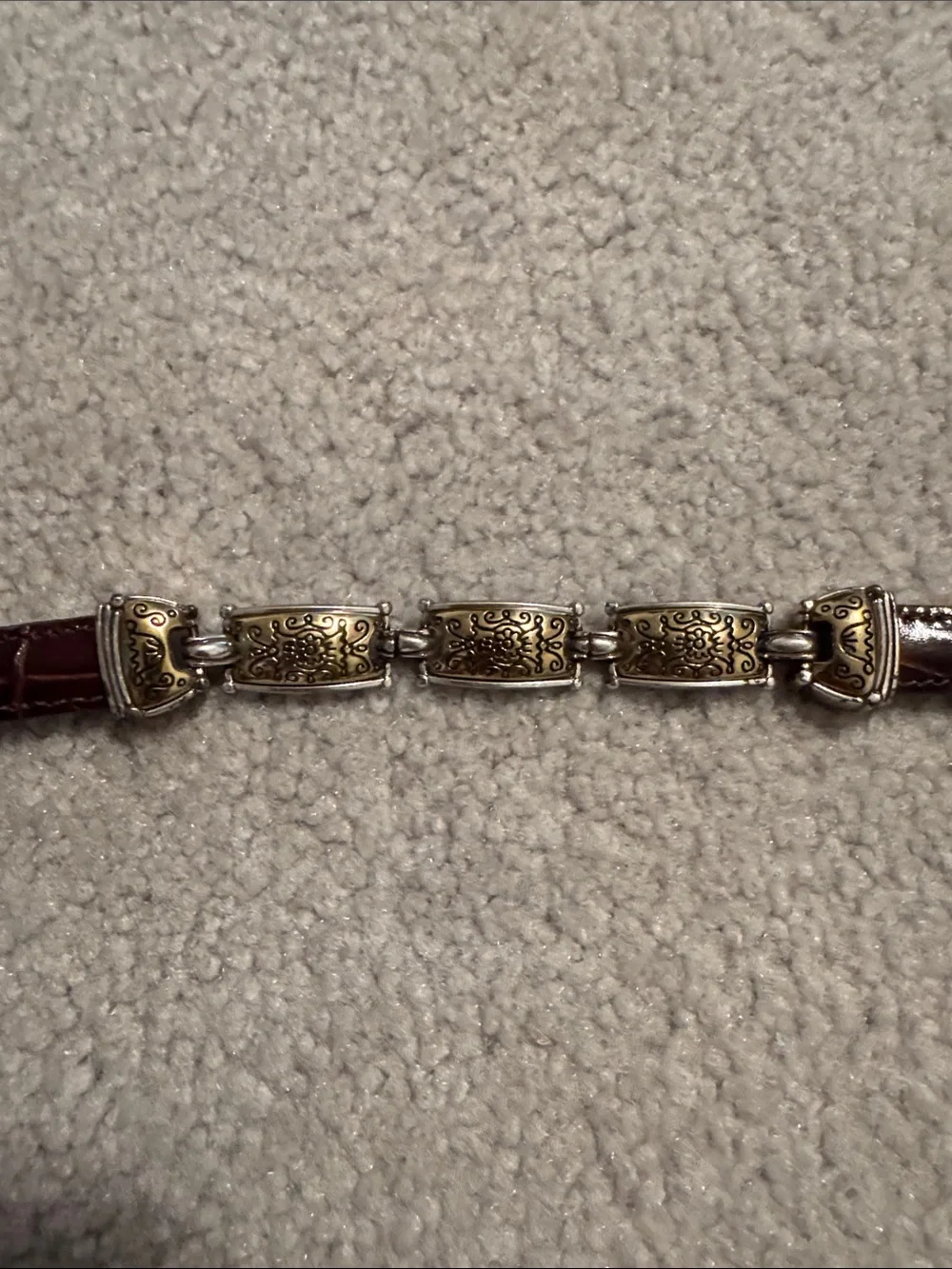 Brighton Thin Croc Embossed Brown Leather Belt with Silver Gold-Tone Accents